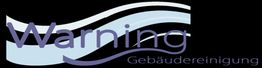"Logo von Warning Gebäudereinigung mit Wellen auf schwarzem Hintergrund."