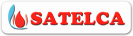 Logo de SATELCA en rojo, con símbolo de llama azul y roja a la izquierda, fondo blanco.