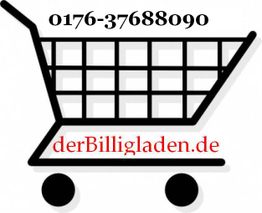 Schwarz-weißer Einkaufswagen mit Telefonnummer oben und Website-Adresse unten in Rot.