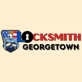 Illustration of a locksmith in uniform with "Locksmith Georgetown" text on a beige background.