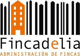 Logotipo de Fincadelia con un edificio naranja y líneas negras. Texto: Administración de Fincas.