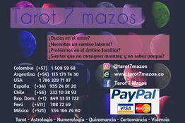 Imagen promocional de Tarot 7 mazos con información de contacto en varios países y redes sociales.