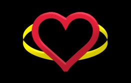 Rotes Herz vor schwarzem Hintergrund, umgeben von einem gelben Kreisband.