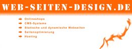 Orange Banner mit Text: Web-Seiten-Design.de, Dienste: Onlineshops, CMS, Webseiten, SEO, Hosting.