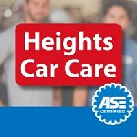 Heights Car Care logo with ASE Certified badge, blurred people in the background.