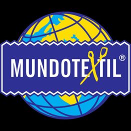 Logo de "Mundo Textil" con tijeras sobre un globo terráqueo azul y amarillo.