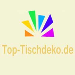 Logo mit buntem Fächer und Text "Top-Tischdeko.de" auf beigem Hintergrund.