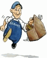 Karikatur eines lachenden Handwerkers in Blaumann und Mütze mit Werkzeugkiste in der Hand.