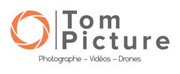 Logo "Tom Picture", texte avec symbole d'objectif, "Photographe - Vidéos - Drones" en dessous.