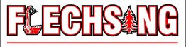 Text "FLECHSING" mit Motorsäge und Baum im Design, rot-schwarz-weiße Farben.