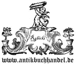 Engel mit Buch und floralen Verzierungen, darunter Text "Rybicki" und www.antikbuchhandel.de.