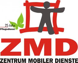 Logo von ZMD mit einer Figur und einer grünen Fliege. Text: "25 Jahre Pflegedienst".
