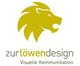 Logo von "zur löwen design" mit gelbem Löwenkopf und Text "Visuelle Kommunikation".