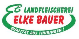 Logo der Landfleischerei Elke Bauer, grüner und roter Text, Qualität aus Thüringen.