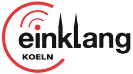 Logo von Einklang Köln mit roten Kreisen und stilisierten Domspitzen als Buchstaben „l“.