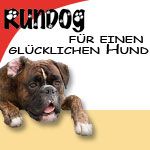 Boxerhund mit Text: "Rundog für einen glücklichen Hund" auf farbigem Hintergrund.