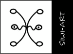 Abstrakte schwarze Linie mit Schleifen und Augen auf weißem Hintergrund, rechts "SIWI-ART".