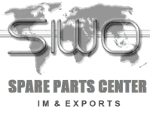 Schriftzug „SIWO Spare Parts Center IM & Exports“ vor Weltkarte in Grau.
