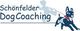 Logo mit Text "Schönfelder Dog Coaching" und Zeichnung eines Hundes an der Leine.