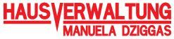 Textlogo in Rot: "HAUSVERWALTUNG MANUELA DZIGGAS".