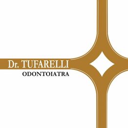 Logo del Dr. Tufarelli, odontoiatra, con design geometrico marrone e scritte in nero.