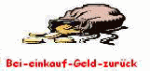 Geldbeutel mit herausfallendem Geld; Text darunter: "Bei-einkauf-Geld-zurück".