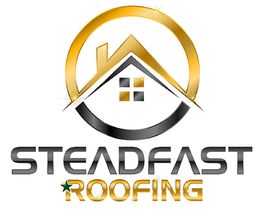 Logo of Steadfast Roofing with a stylized house and circular design in gold and black.