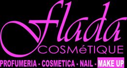 Logo di "flada COSMÉTIQUE" in rosa su sfondo nero con testo su profumeria e make-up.