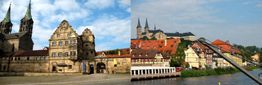 Eine historische Altstadt mit gotischer Kirche und Fachwerkhäusern bei sonnigem Wetter.