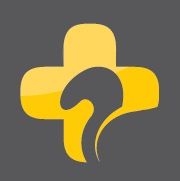 Geel kruis met hersenvormige curve op een grijze achtergrond.