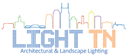 Colorful skyline outline above "LIGHT TN - Architectural & Landscape Lighting" text.