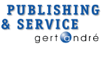Text-Logo: "Publishing & Service" in Blau, darunter "gert andré" mit einem blauen Ball in der Mitte.