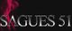Texto "Sagues 51" con fondo negro y humo rojo a la izquierda.