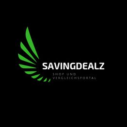 Logo mit grünem Flügel und Text: "SAVINGDEALZ SHOP UND VERGLEICHSPORTAL" auf schwarzem Hintergrund.