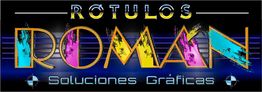 Logo colorido que dice "Rótulos Román, Soluciones Gráficas" con fondo azul y negro.