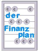 Abakus mit Eurozeichen und dem Text "der Finanzplan" in blauer Schrift.