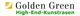 Logo mit gelbem Symbol, Text: "Golden Green High-End-Kunstrasen".