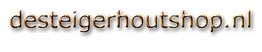 Tekst "desteigerhoutshop.nl" in koperen letters op een witte achtergrond.