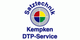 Logo von Satztechnik Kempken, Text "DTP-Service" mit farbigem Kreis in der Mitte.