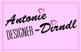 Schriftzug "Antonie Designer-Dirndl" auf rosa Hintergrund mit zwei Herzmotiven.
