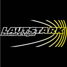 Logo mit Text "LAUTSTARK Sound & Light", gelbe und weiße Linien, schwarzer Hintergrund.