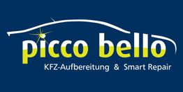 Logo von "picco bello" für KFZ-Aufbereitung & Smart Repair auf blauem Hintergrund.
