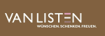Logo mit Text "VAN LISTEN" und Slogan "WÜNSCHEN. SCHENKEN. FREUEN." auf braunem Hintergrund.