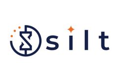 Logo with the word "silt" featuring an hourglass inside a circle and an orange star above the "i".