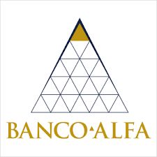 Logotipo do Banco Alfa com triângulo geométrico e nome abaixo em letras douradas.