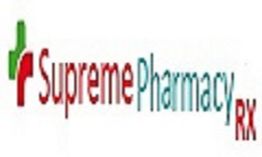 Logo with text: "Supreme Pharmacy RX" beside a red and green pharmacy cross.