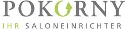 Logo mit dem Text "Pokorny - Ihr Saloneinrichter" in Grau und Grün.