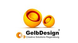 GelbDesign-Logo mit zwei gelben Kugeln und Text: "Creative Solutions Regensburg".