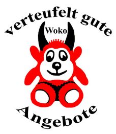 Rotes Teufelchen mit Text: "verteufelt gute Angebote" und "Woko" auf der Stirn.