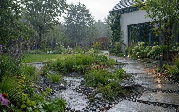 Ein modern angelegter Schwammgarten bei Starkregen. Im Hintergrund ist ein Einfamilienhaus zu sehen.